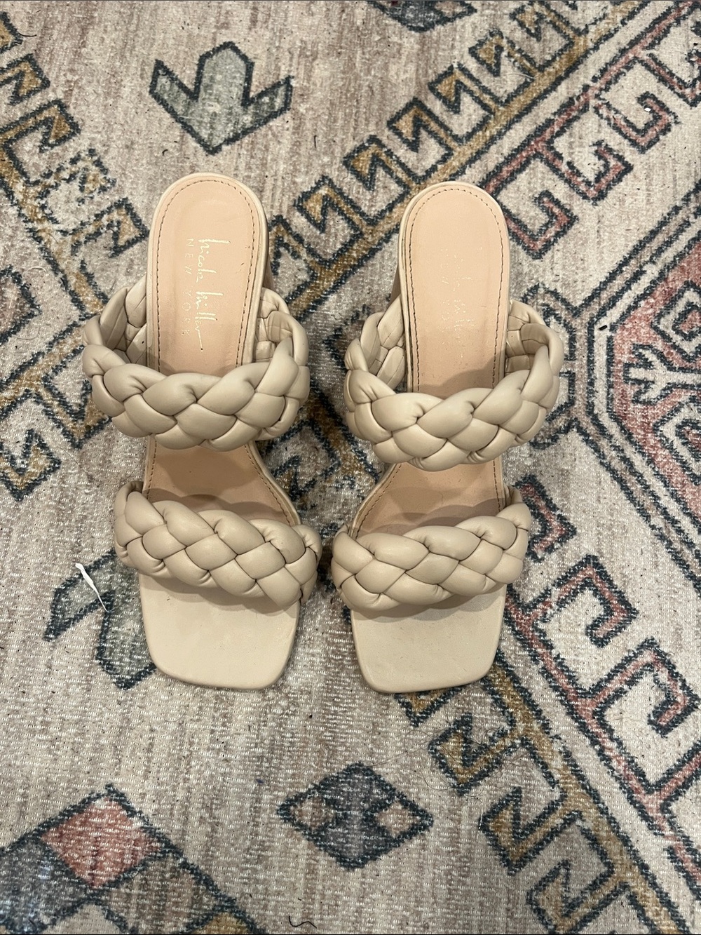 Nicole Miller Braided Double-Strap Mules in Beige